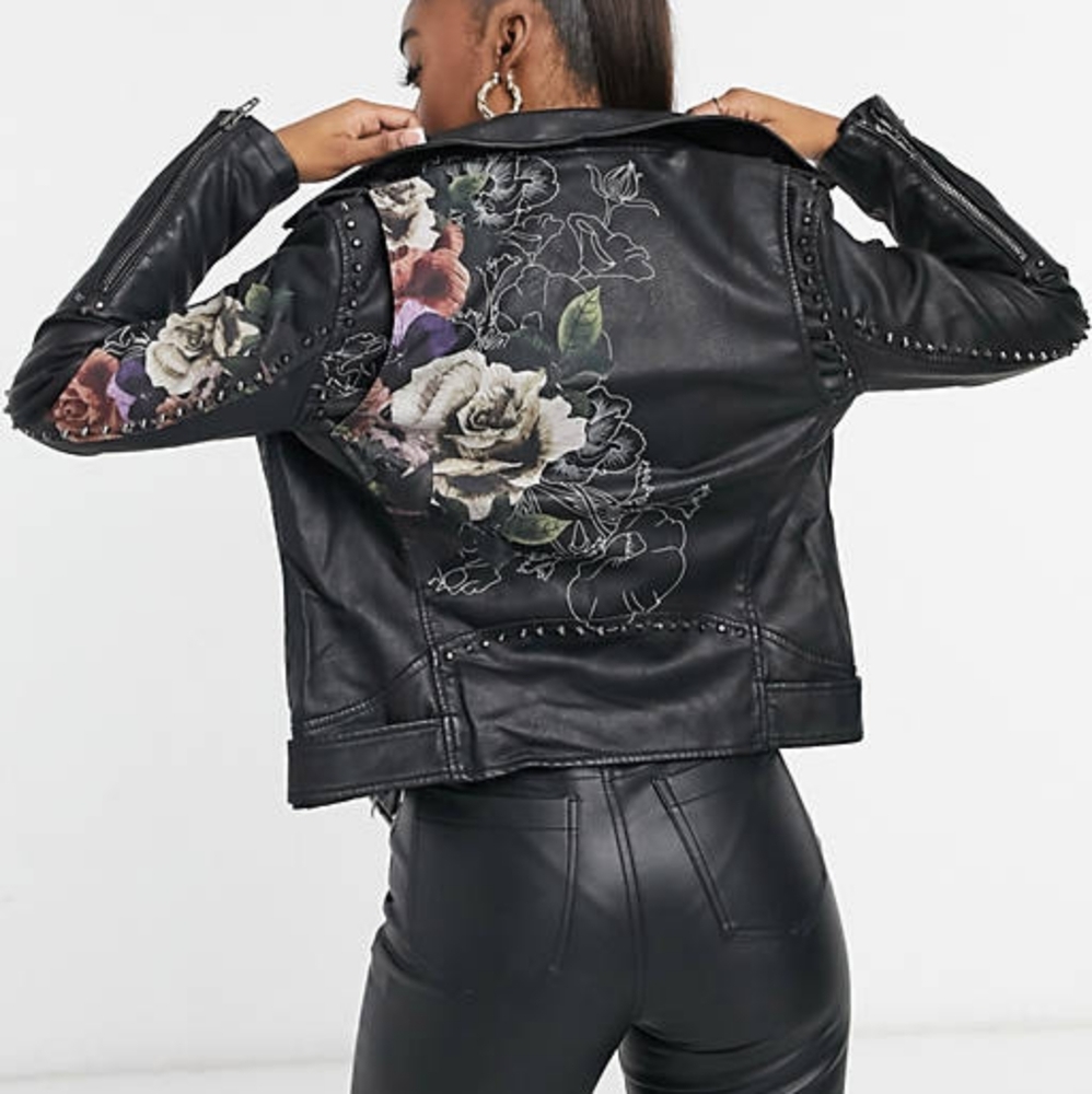 Blank NYC Love and Leave Faux Leather Jacket with Floral Print XS